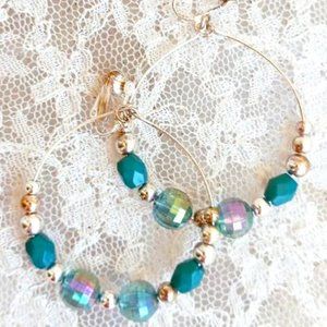 BLUE CRYSTAL & SILVER HOOP EARRINGS WITH AQUAMARINE BEVELED BEADS * CLIP-ONS